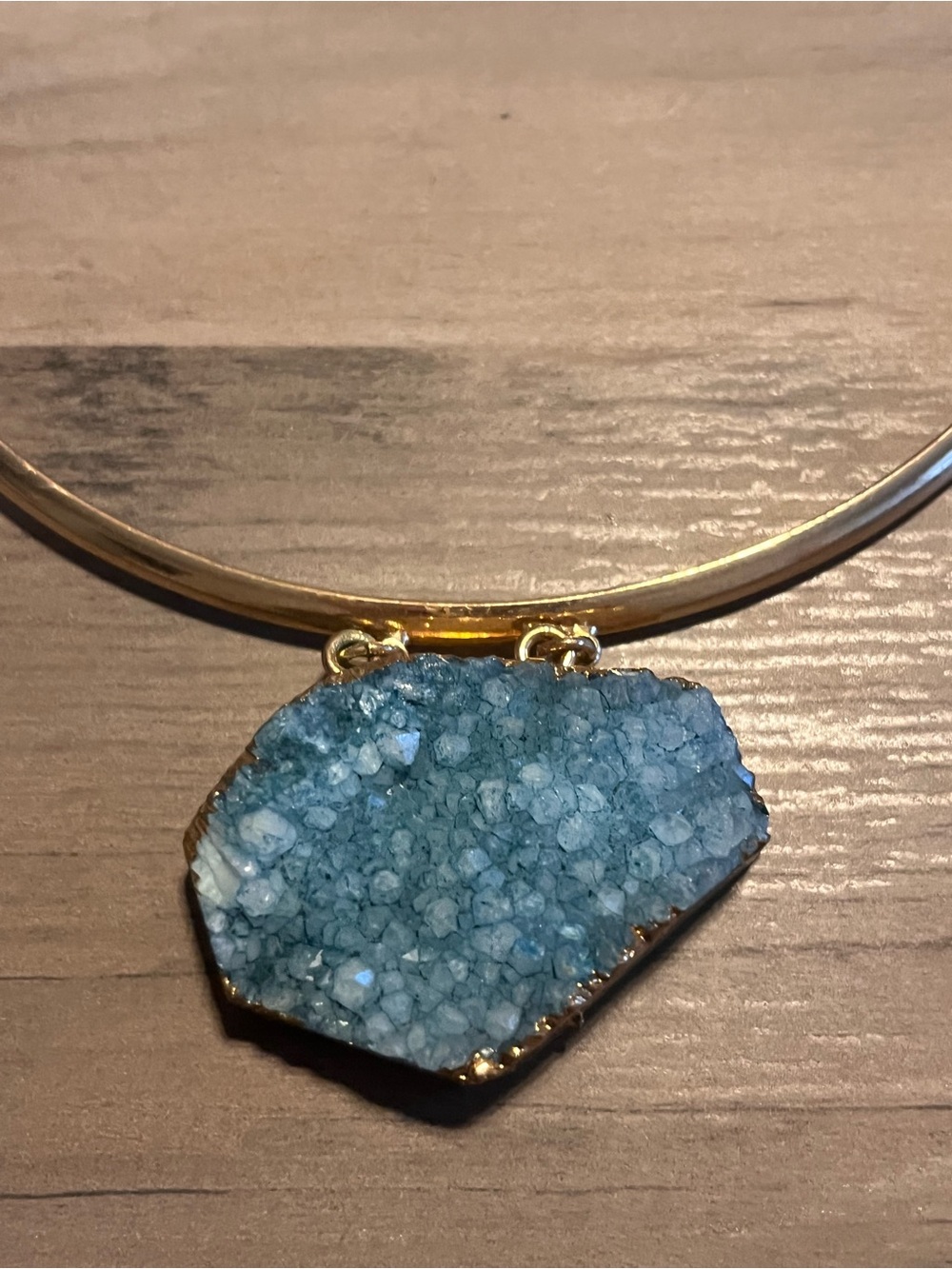 Gold Collar Necklace with Blue Druzy Pendant